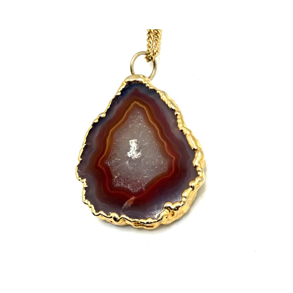 Vintage Red Brown Agate Slice Pendant Necklace Gold Tone 18"